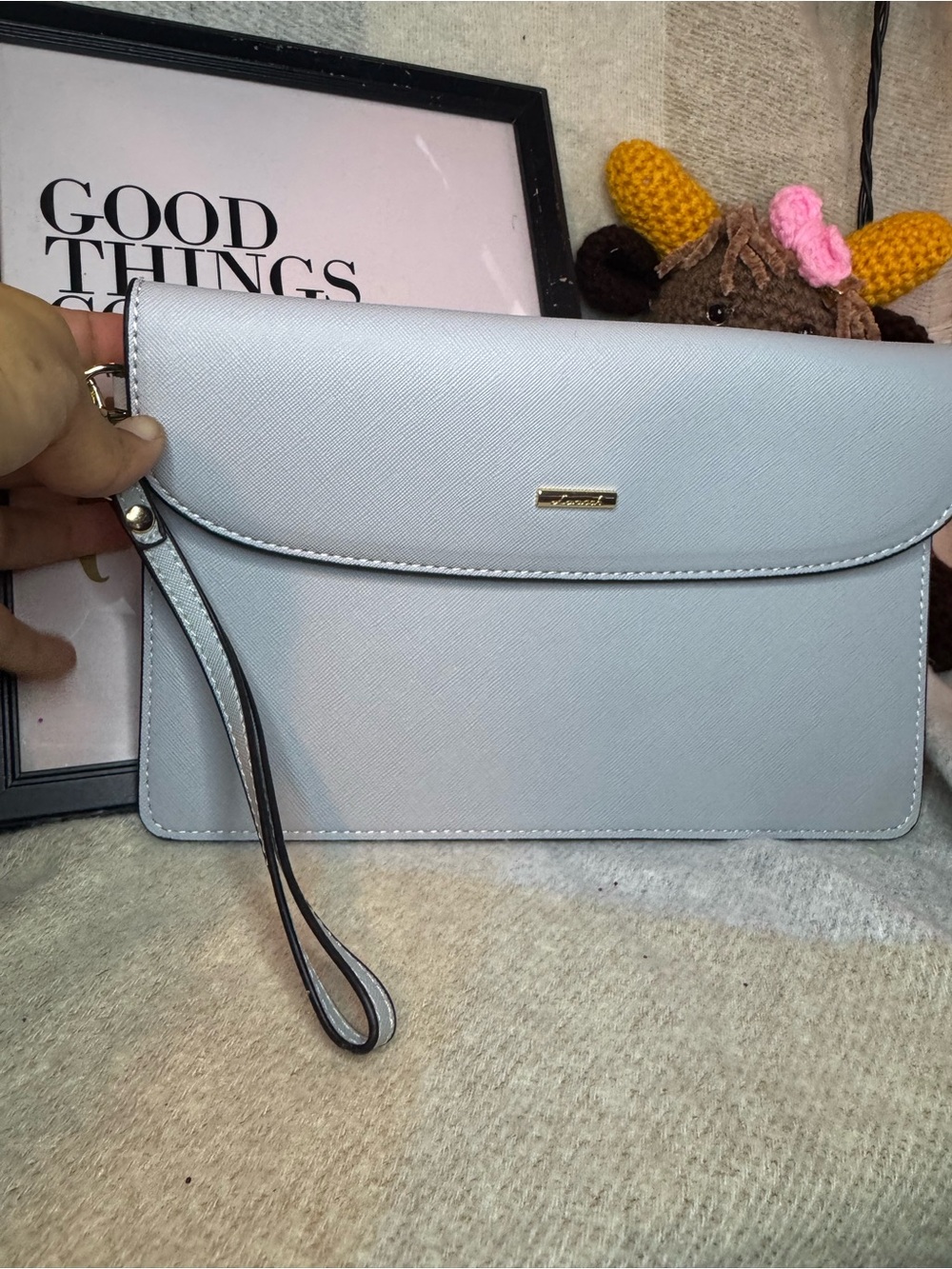 Elegant Light Gray Wristlet Clutch - Minimal Saffiano Style